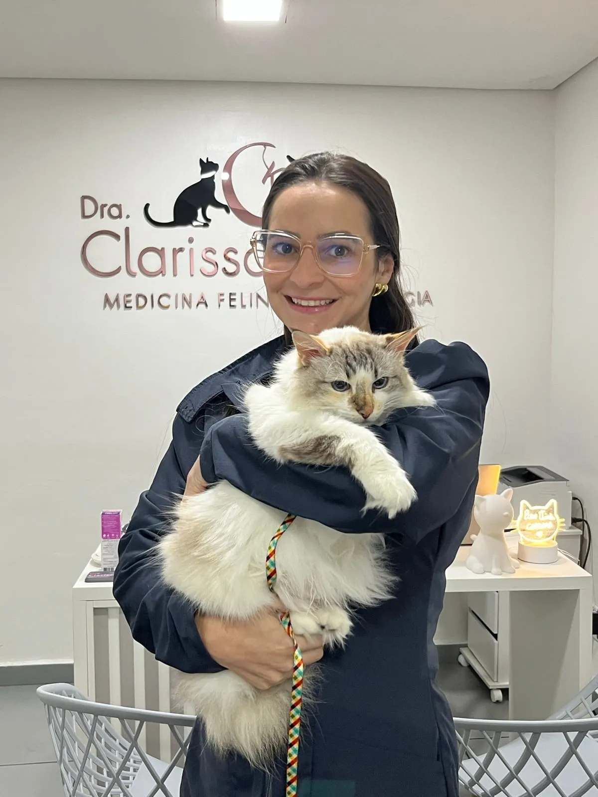 Dra. Clarissa Klein sorrindo com um gato de pelo longo tranquilo no colo, na recepção da Cats Klein